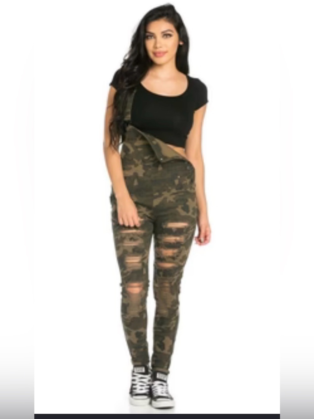 High-Waist Camo Distressed Women’s Overalls - Olive Camo